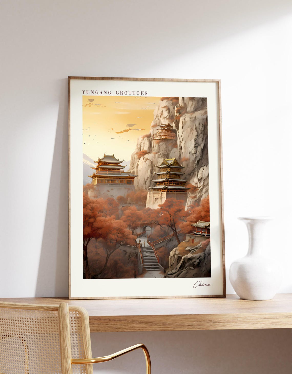 Yungang Grottoes China Cliff Temples Sunset Travel Poster Decor