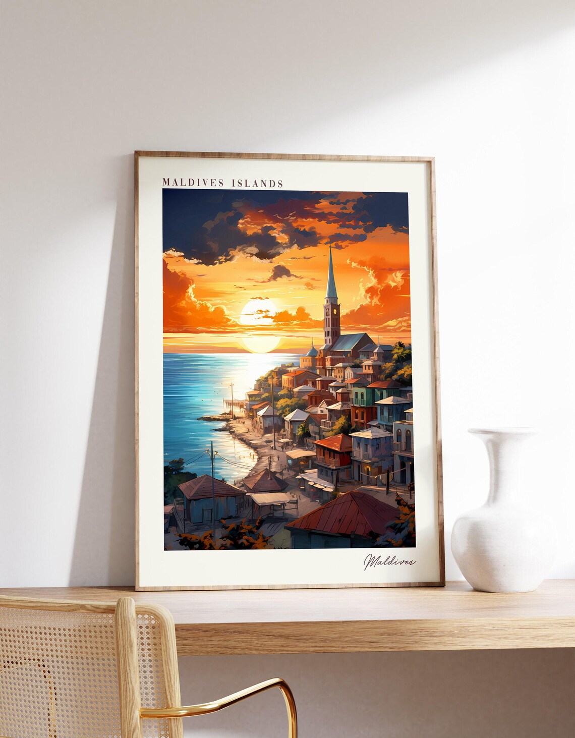 Maldives Islands Sunset Coastal Town Harbor Sky Travel Poster