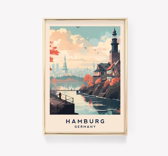 Hamburg Germany Harbor Lighthouse Autumn Skyline Travel Poster