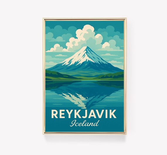 Reykjavik Iceland Snowy Mountain Lake Reflection Travel Poster Gift
