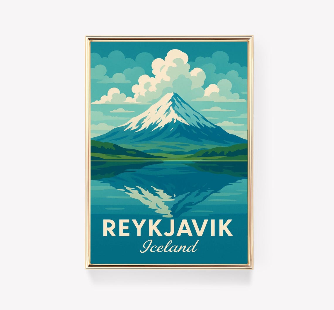 Reykjavik Iceland Snowy Mountain Lake Reflection Travel Poster Gift