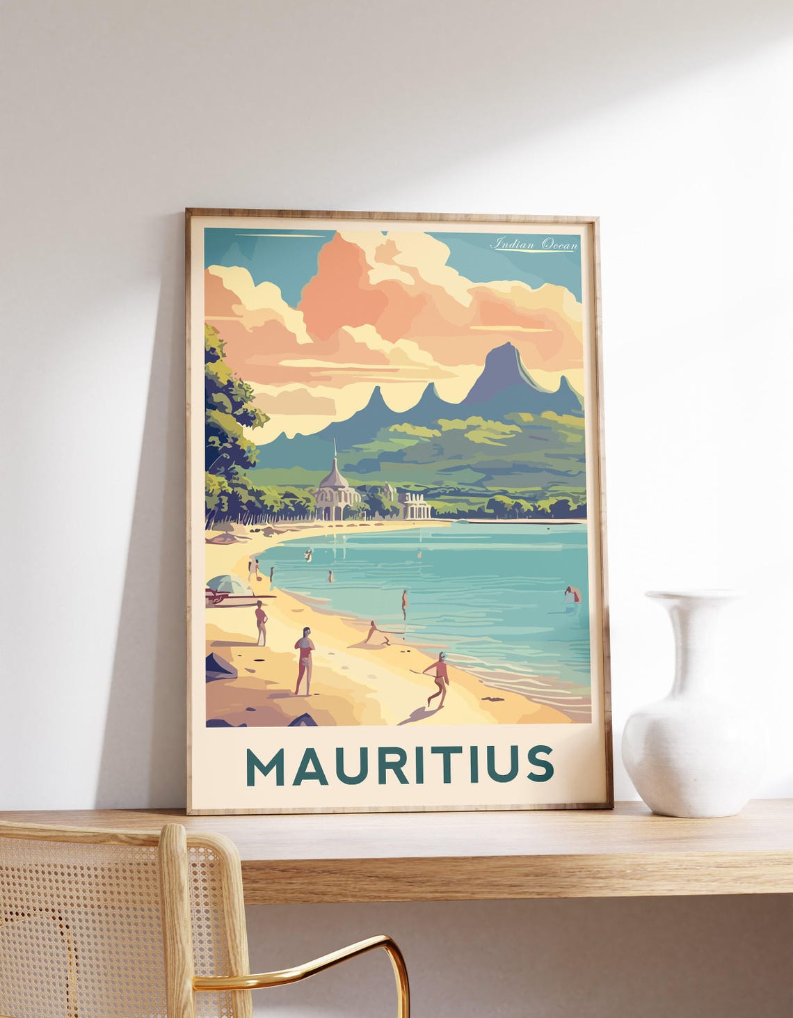 Mauritius Indian Ocean Beach Swimmers Mountain Retro Travel Poster