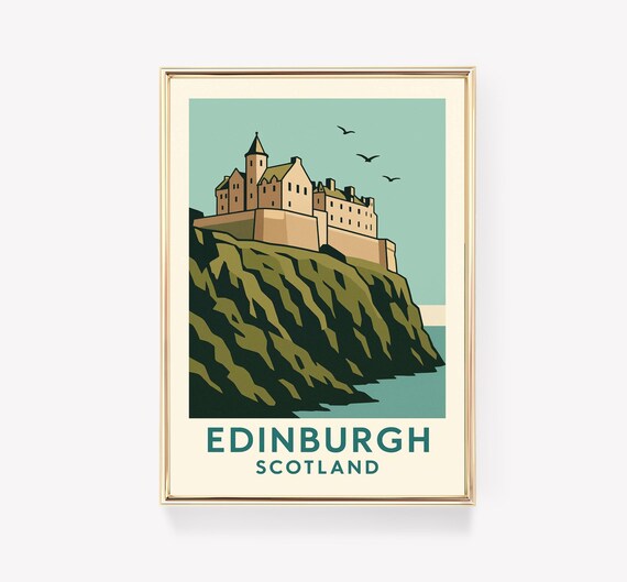 Edinburgh Scotland Castle Cliff Vintage Graphic Travel Poster