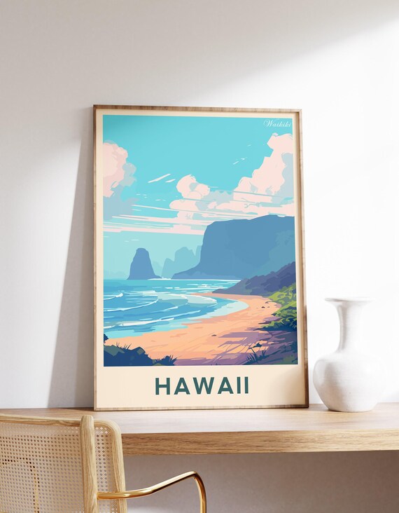 Waikiki Hawaii Tropical Beach Sunset Vintage Retro Travel Poster