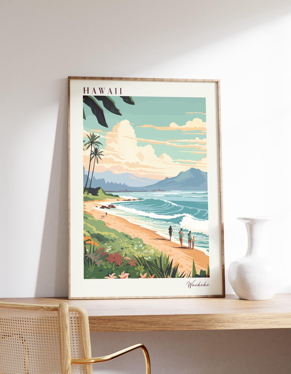 Hawaii Waikiki Vintage Beach Surf Retro Travel Scenic Poster