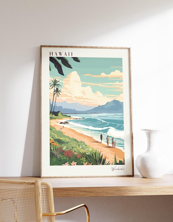 Hawaii Waikiki Vintage Beach Surf Retro Travel Scenic Poster