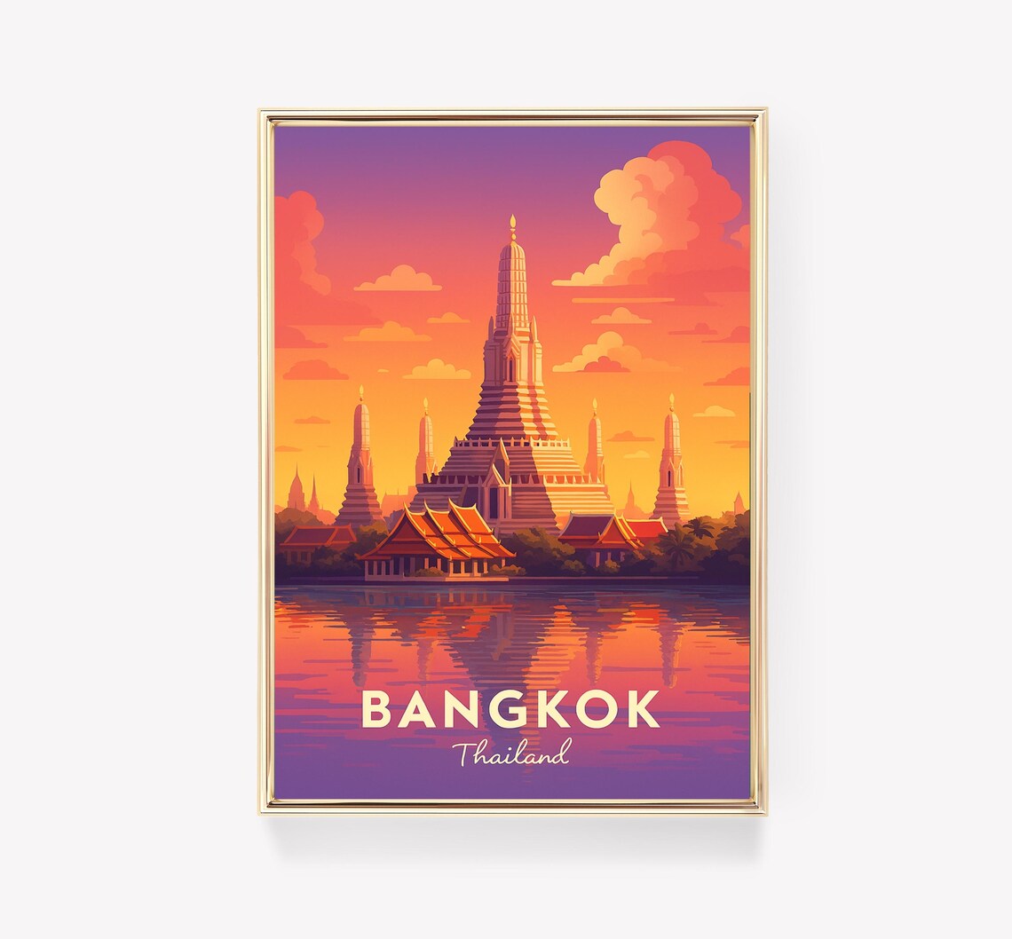 Bangkok Thailand Vintage Travel Poster Wat Arun Sunset Temple Art