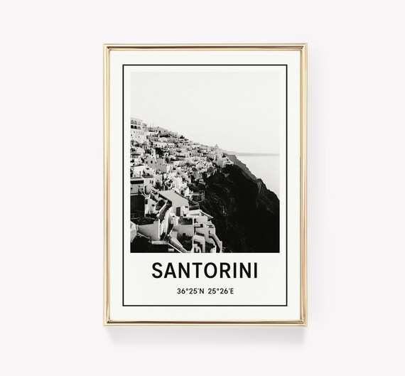 Santorini Greece Black and White Minimalist Photo Travel Poster Gift