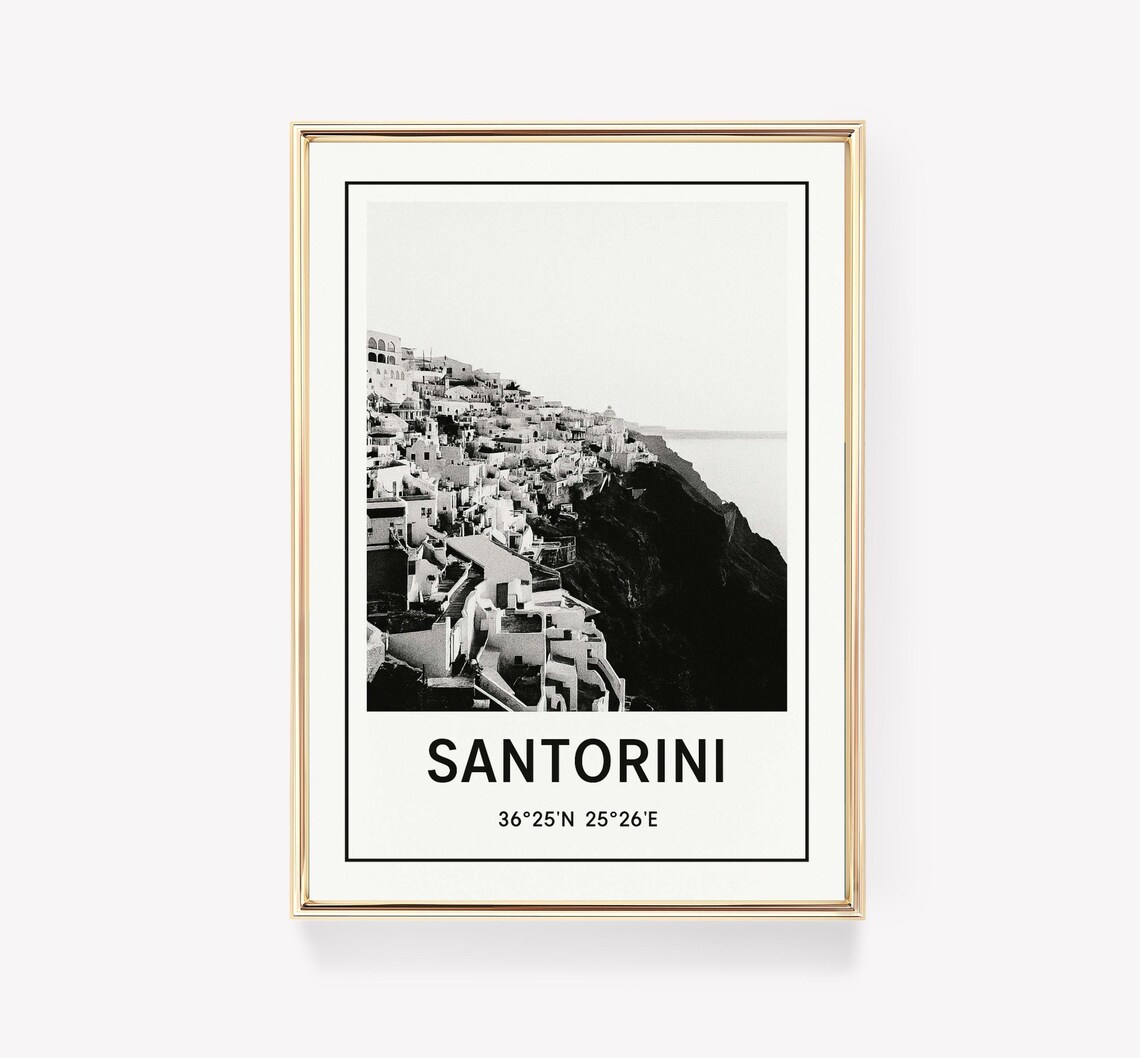 Santorini Greece Black and White Minimalist Photo Travel Poster Gift