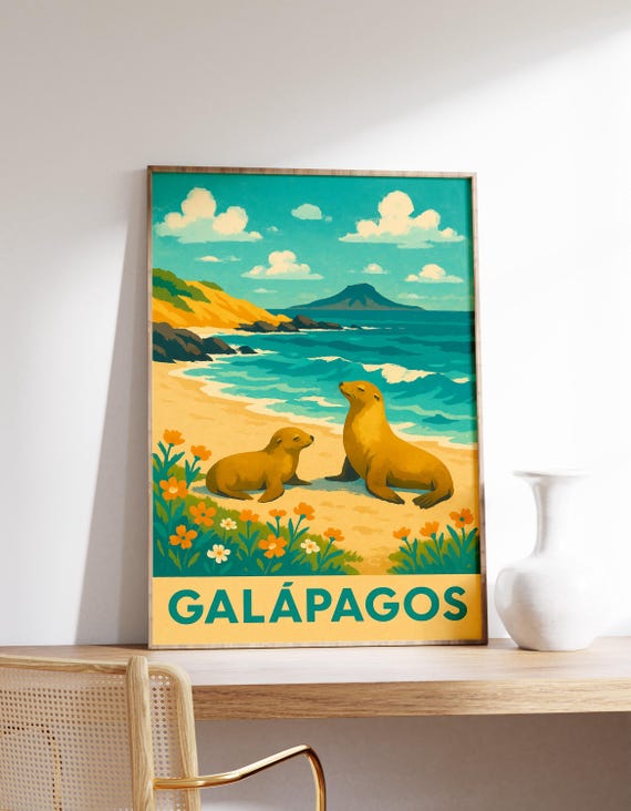 Galpagos Islands Poster Sea Lions Print Ecuador Beach Art Travel Decor