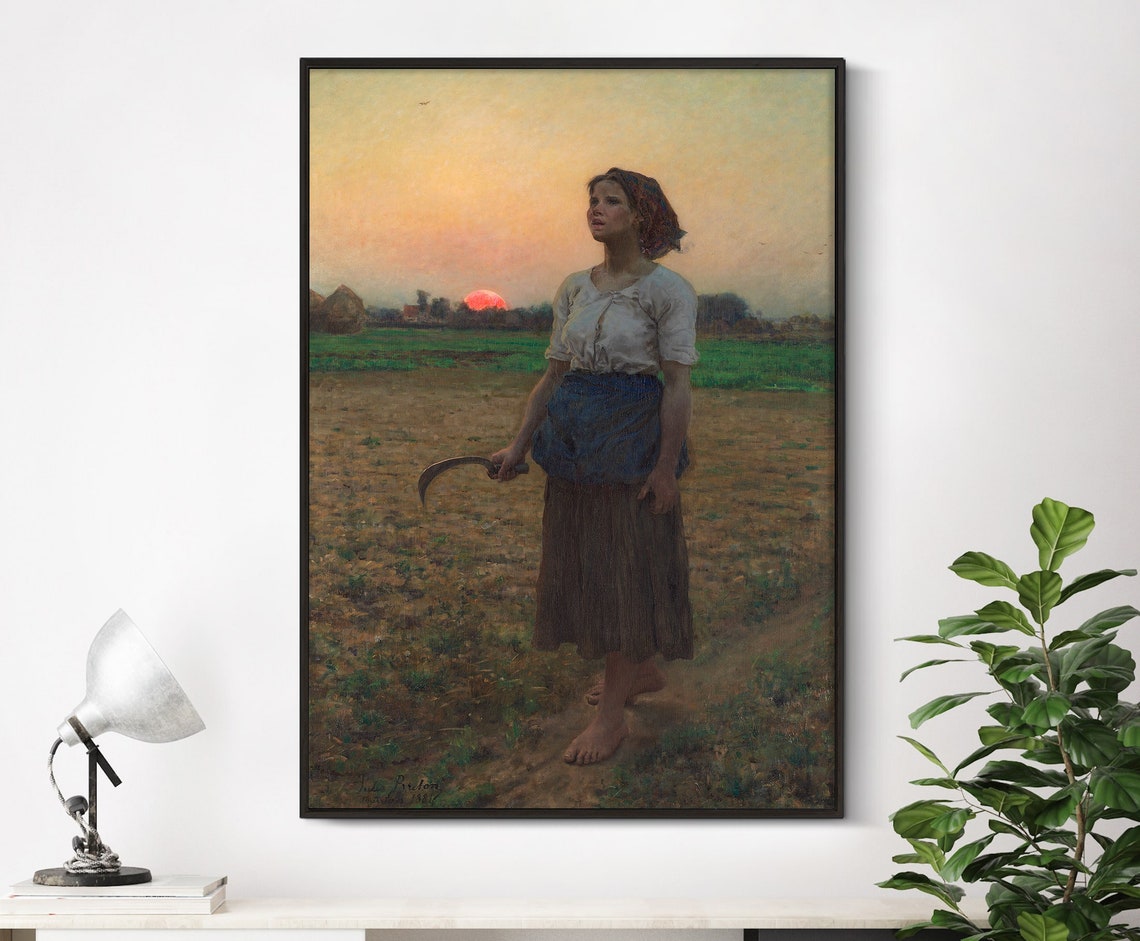 Jules Breton The Song Of Lark 1884 Vintage Woman Portrait Working Peasant Girl Sickle Sunset Harvest Print Gift Poster Wall Art