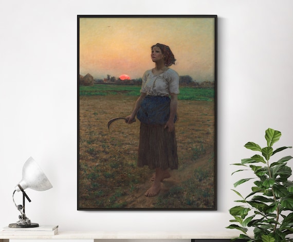 Jules Breton The Song Of Lark 1884 Vintage Woman Portrait Working Peasant Girl Sickle Sunset Harvest Print Gift Poster Wall Art