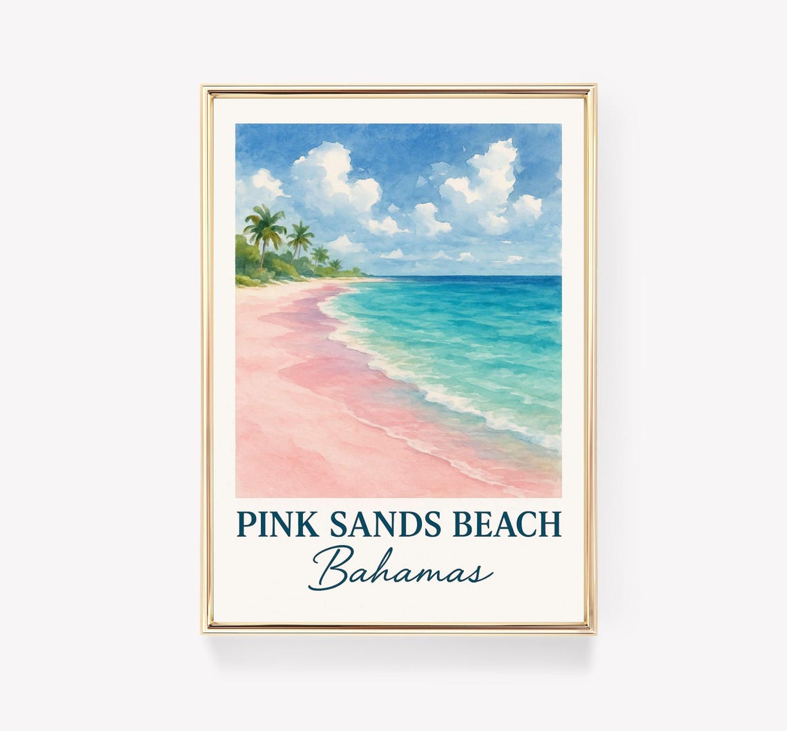 Pink Sands Beach Bahamas Tropical Watercolor Beach Travel Poster
