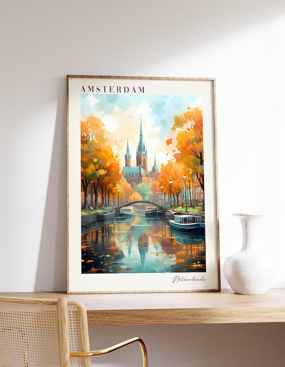Amsterdam Netherlands Autumn Canal Boats Church Spires Travel Poster