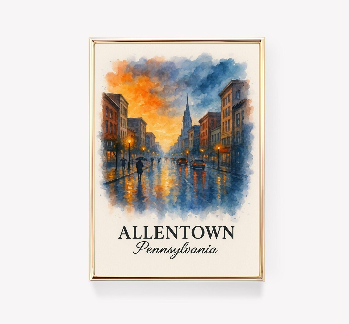 Allentown Pennsylvania Rainy Dusk Street Watercolor Art Poster