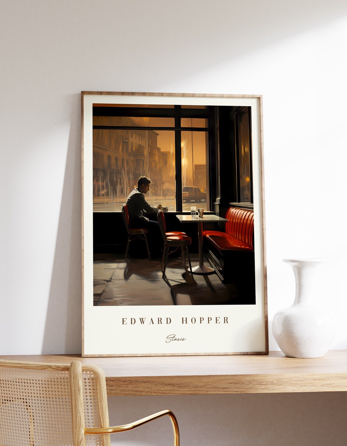 Edward Hopper Stasis Lonely Man in Rainy Night Diner Painting Poster