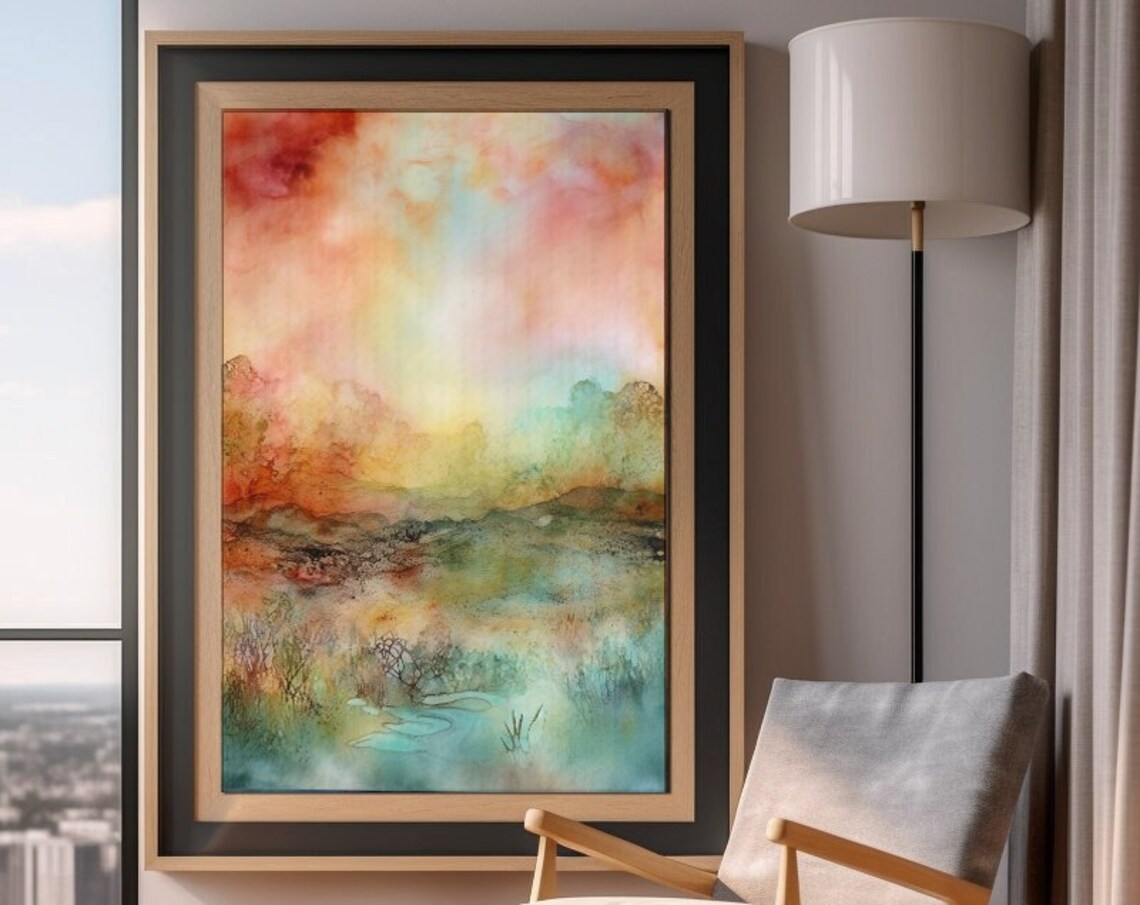 Warm Abstract Watercolor Landscape Sunset Dreamy Painting Poster