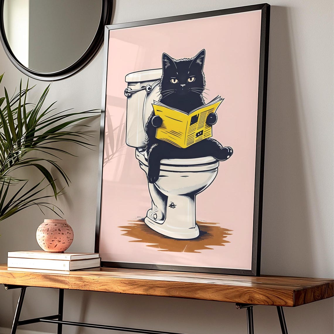 Funny Black Cat Reading Newspaper Sitting on Toilet Bathroom Poster - Image 4