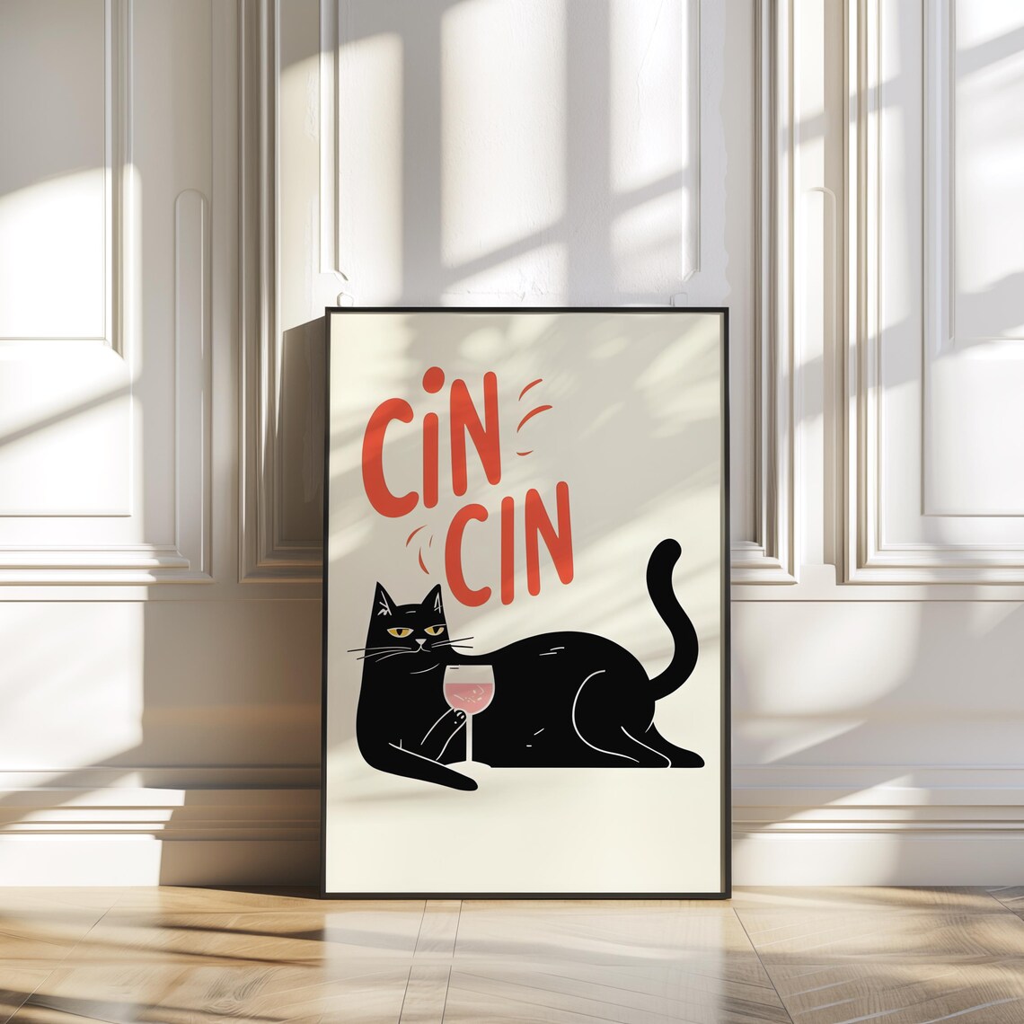 Cin Cin Black Cat Wine Glass Cheerful Retro Bar Cart Art Poster