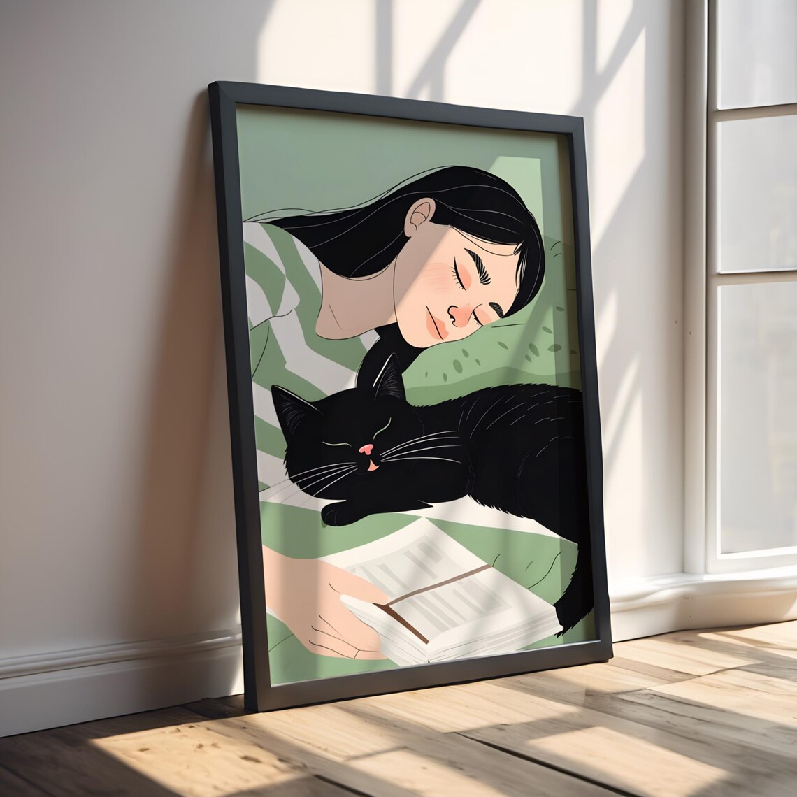 Girl Sleeping With Black Cat Green Japanese Retro Style Art Poster - Image 3