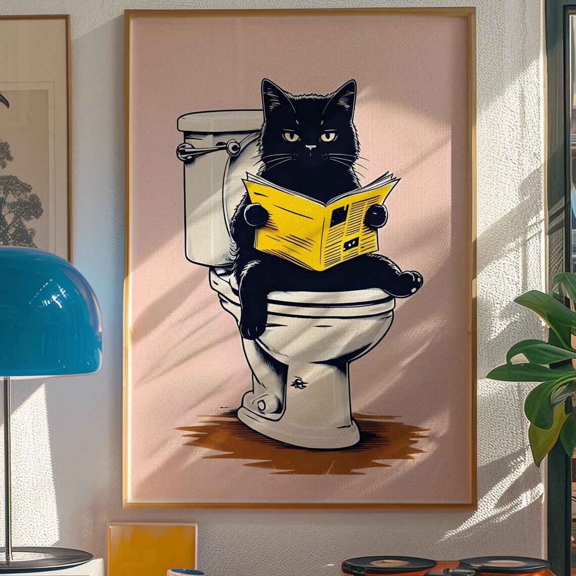 Funny Black Cat Reading Newspaper Sitting on Toilet Bathroom Poster - Image 5