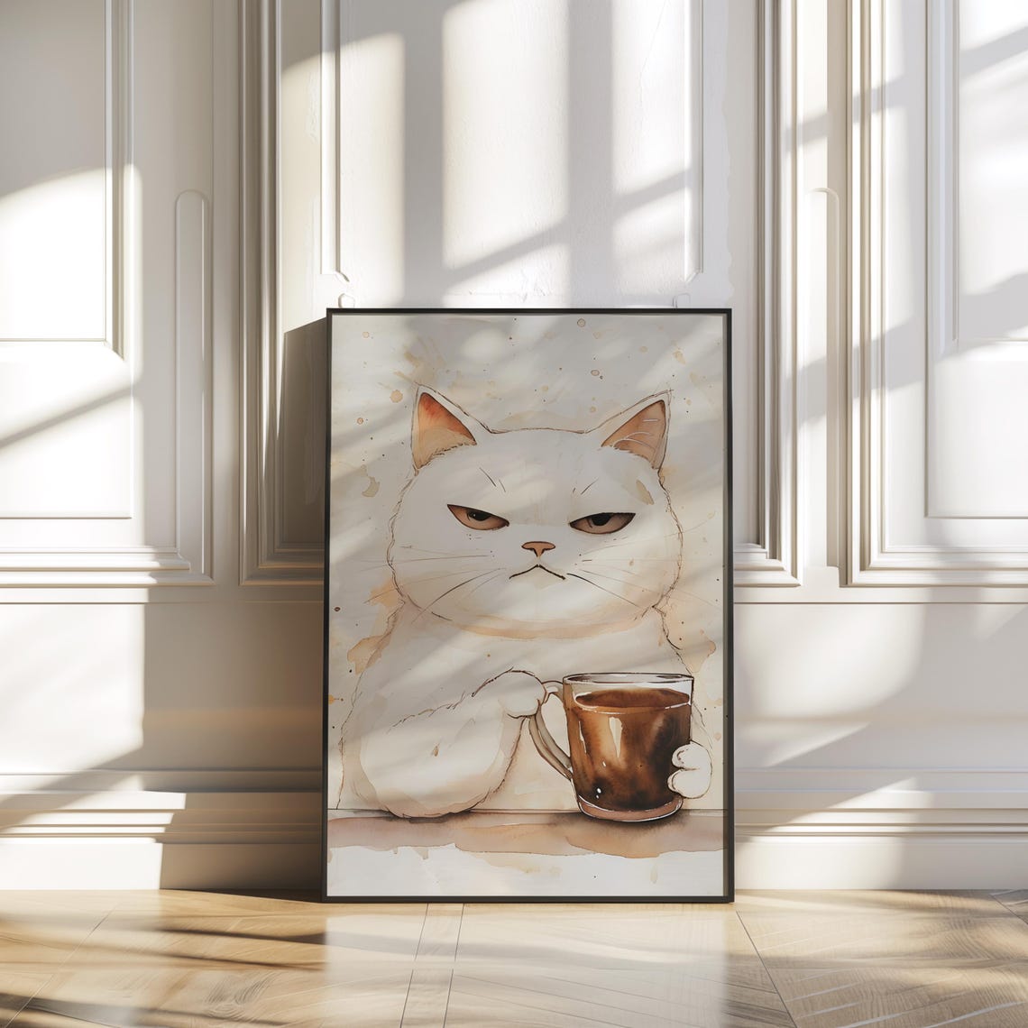 Grumpy White Cat Holding Coffee Cup Watercolor Funny Pet Art Poster