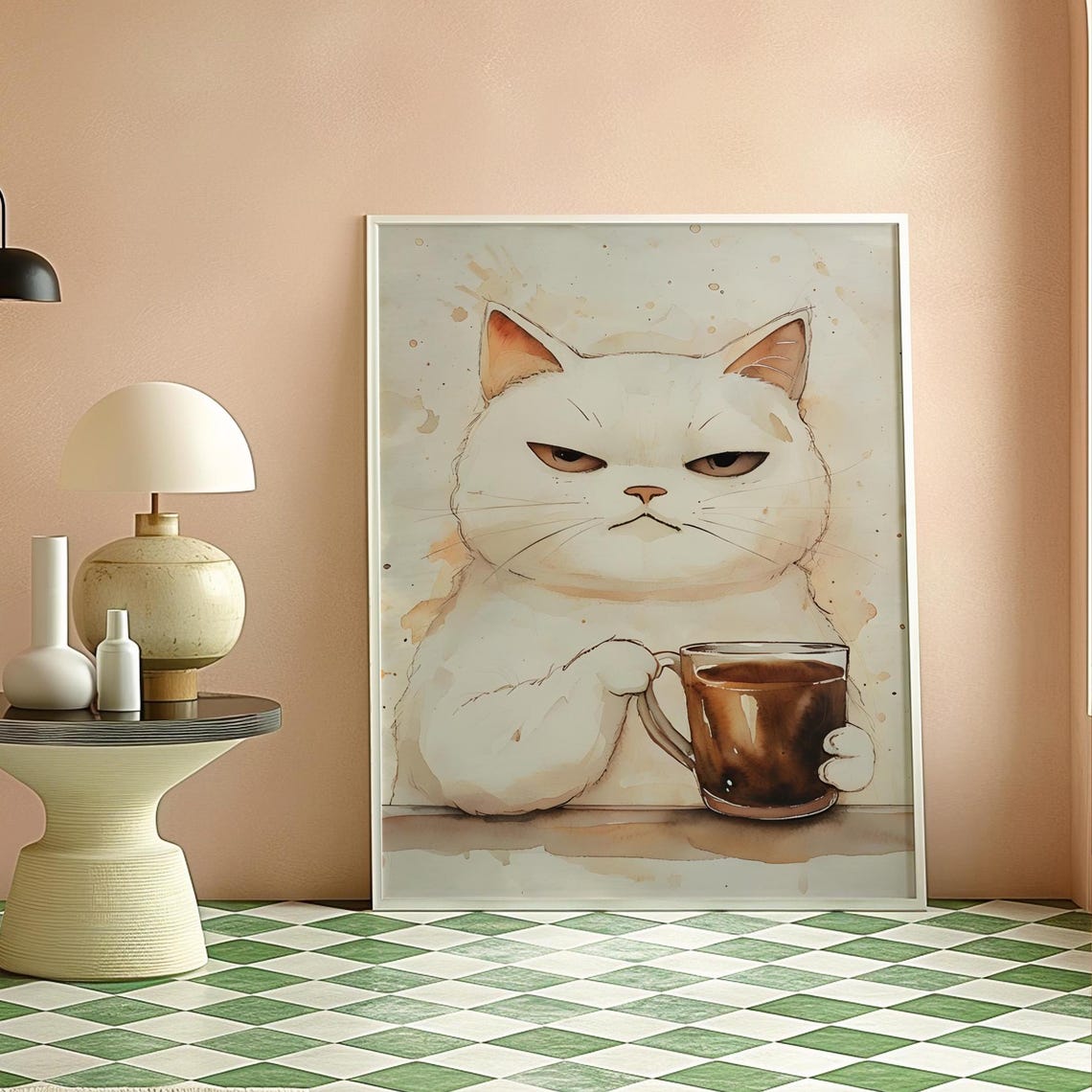 Grumpy White Cat Holding Coffee Cup Watercolor Funny Pet Art Poster - Image 3