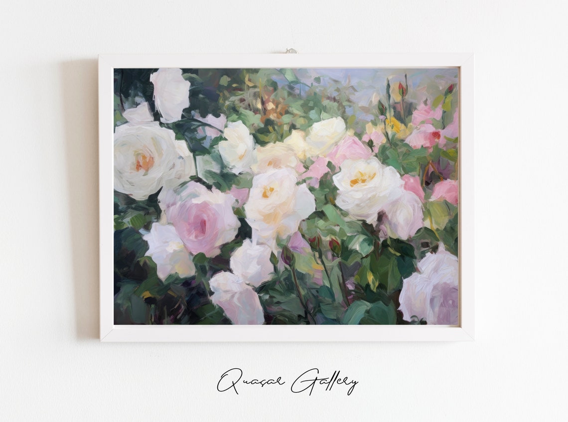 Hand Painted Oil Painting Moody Botanical Art Teen Girl Room Wall Art Floral Painting White Roses Oil Painting White Roses - Image 3