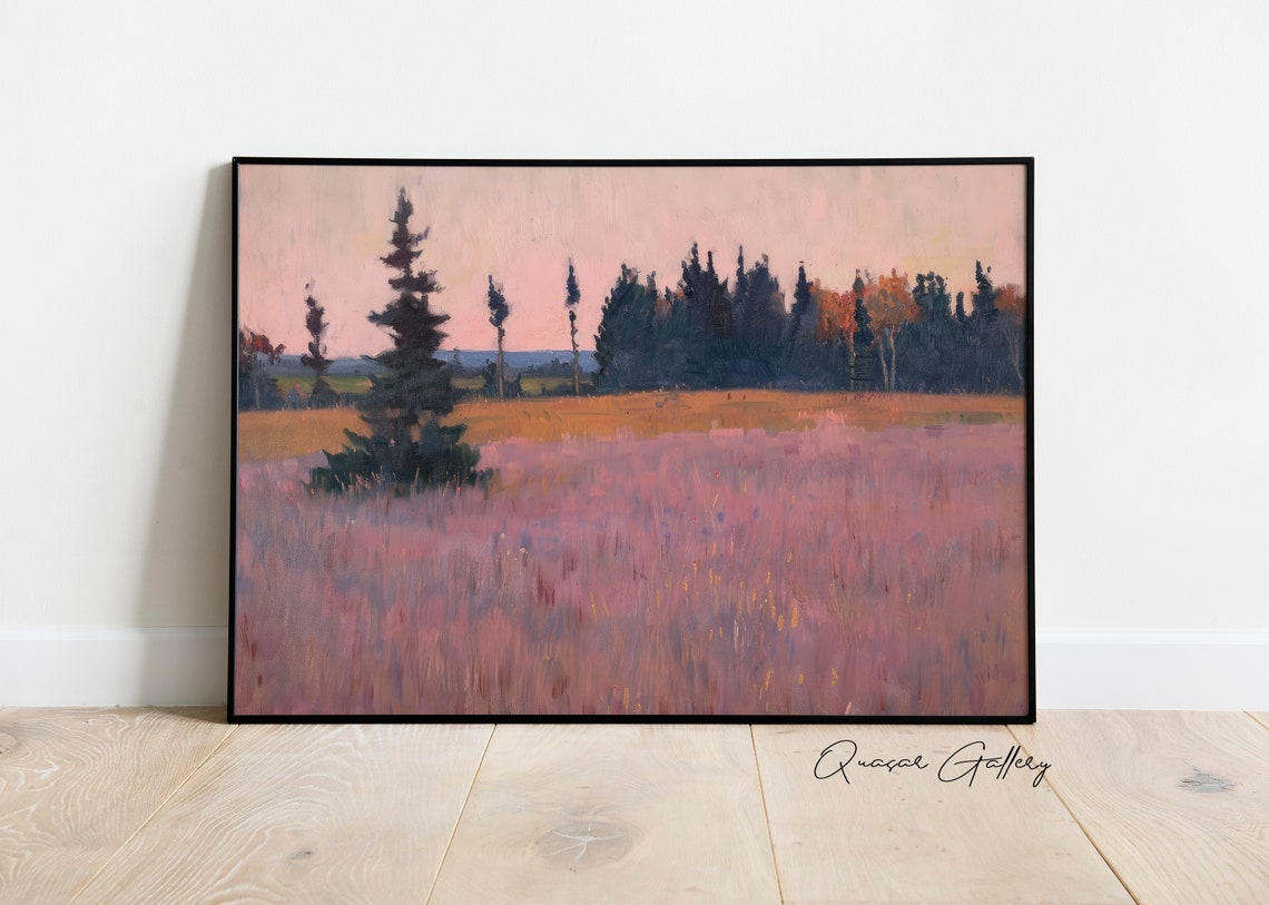 Countryside Landscaping Art Pink Landscape Wall Art Living Room Wall Art Pastoral Scene Art Horizon Art Print Field Painting - Image 2