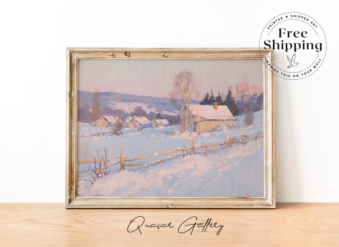 Abstract Winter Landscape Painting, Rustic Holiday Decor