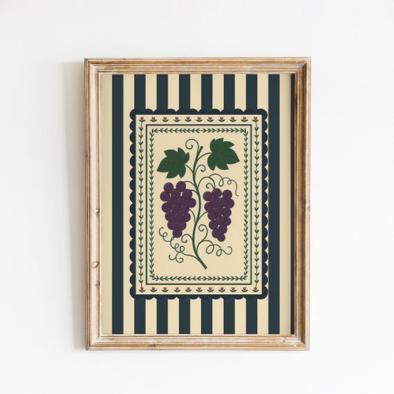 Grape Folk Art Print Rustic Kitchen Wall Decor With Vintage Stripes