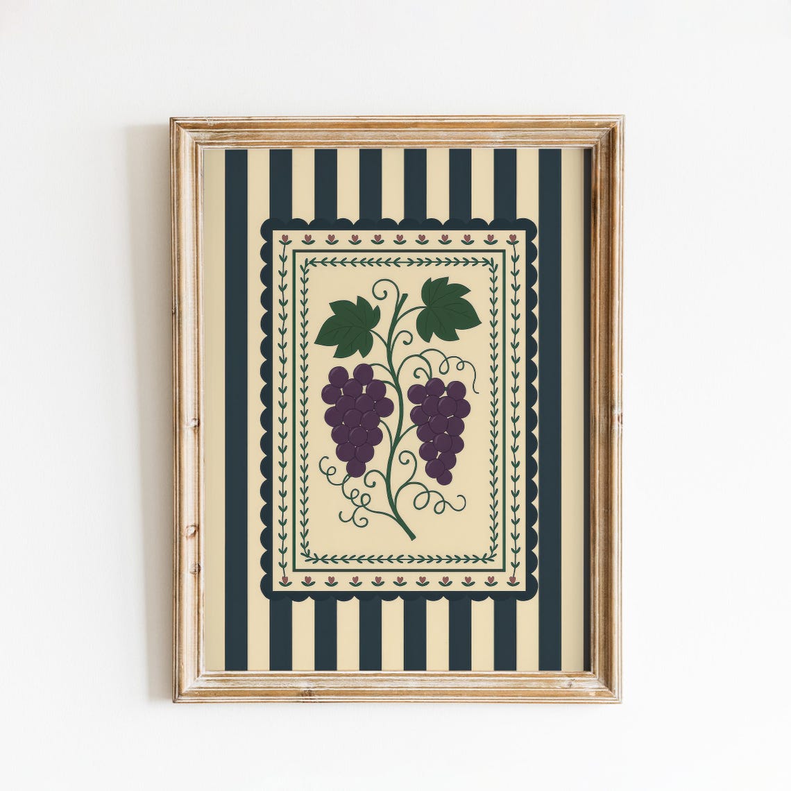 Grape Folk Art Print Rustic Kitchen Wall Decor With Vintage Stripes