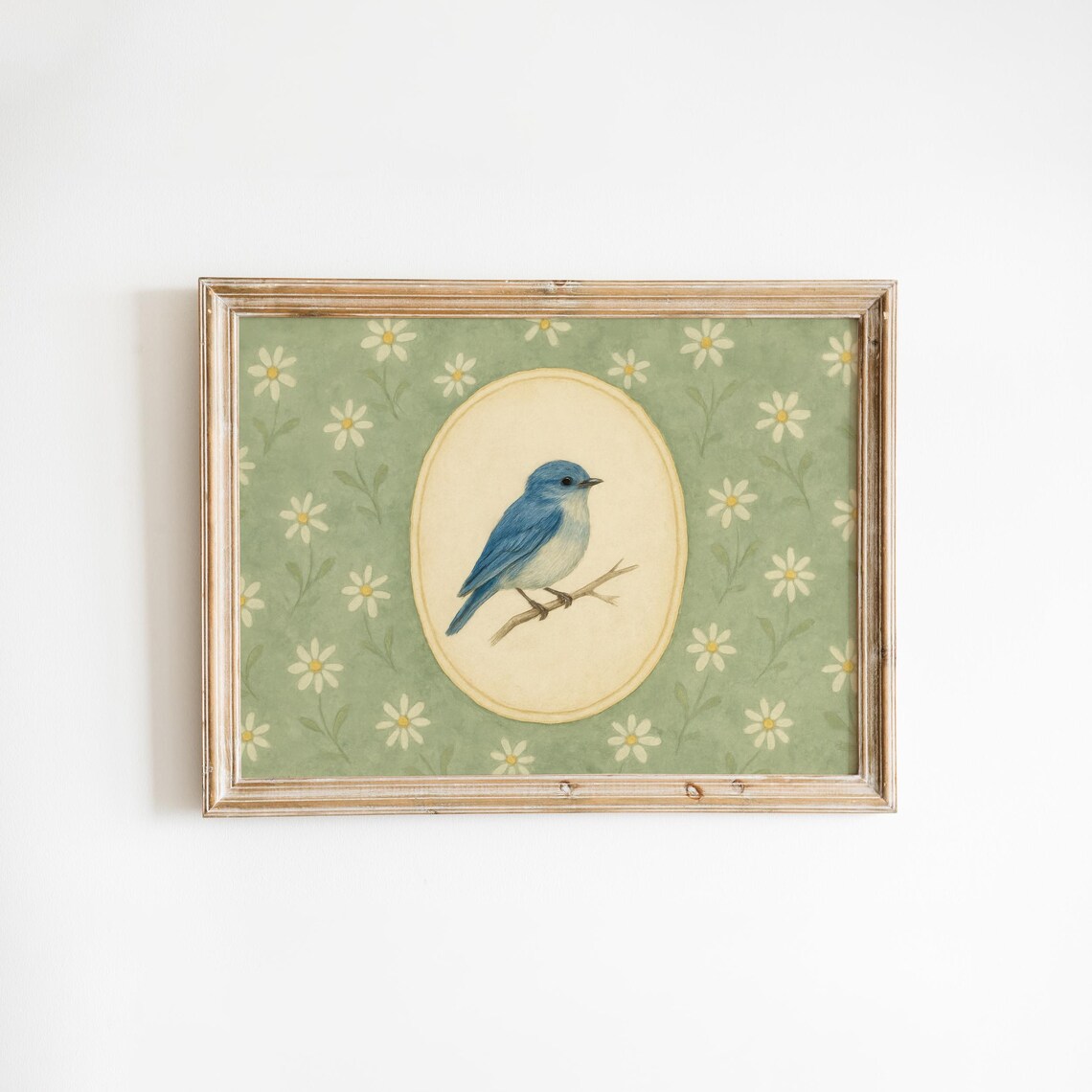 Bluebird Botanical Poster Vintage Songbird On Branch With Daisy Background