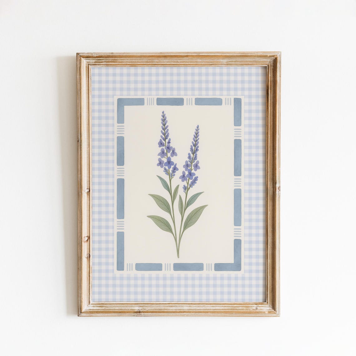 Blue Lavender Botanical Print With Sky Gingham Checkered Border