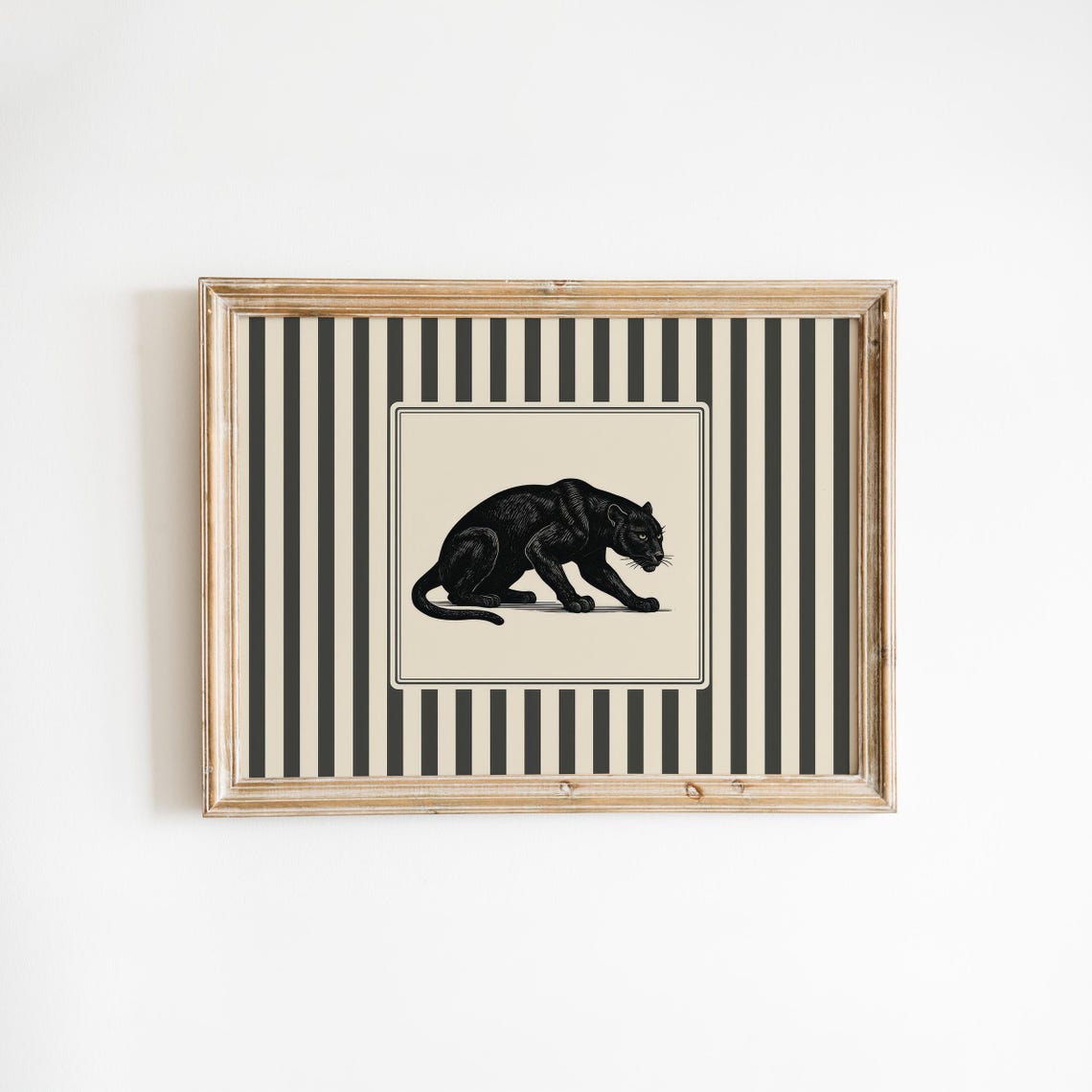 Panther Wall Art Vintage Black Cat Illustration With Striped Background