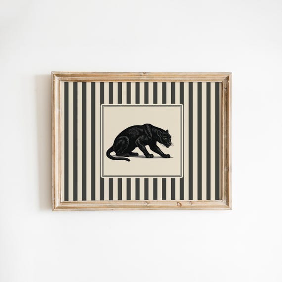 Panther Wall Art Vintage Black Cat Illustration With Striped Background