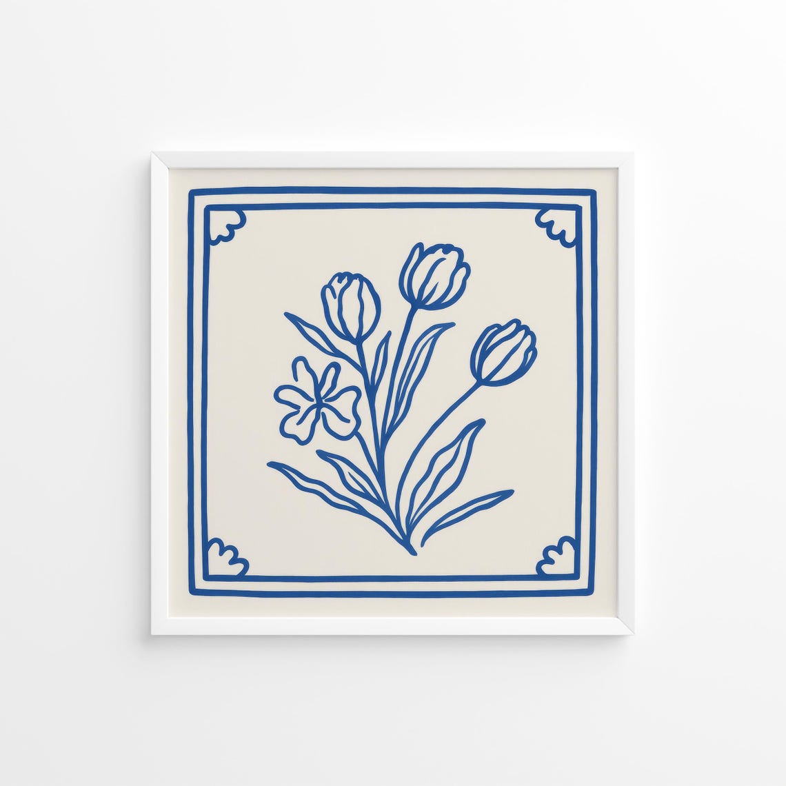 Blue Line Art Tulip Flowers Minimalist Ceramic Tile Style Poster