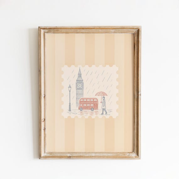 London Rain Travel Poster Big Ben Red Bus Illustration British City Wall Art Print