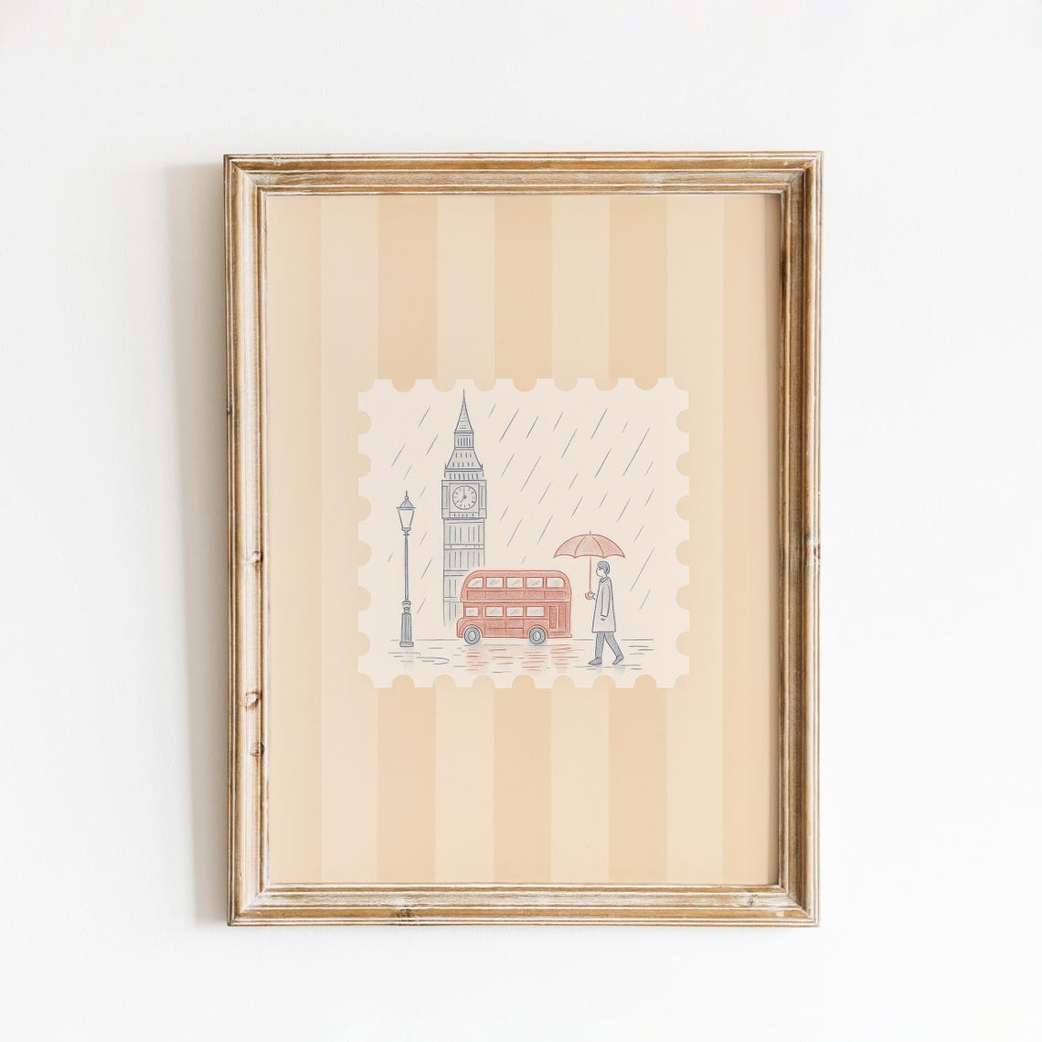 London Rain Travel Poster Big Ben Red Bus Illustration British City Wall Art Print
