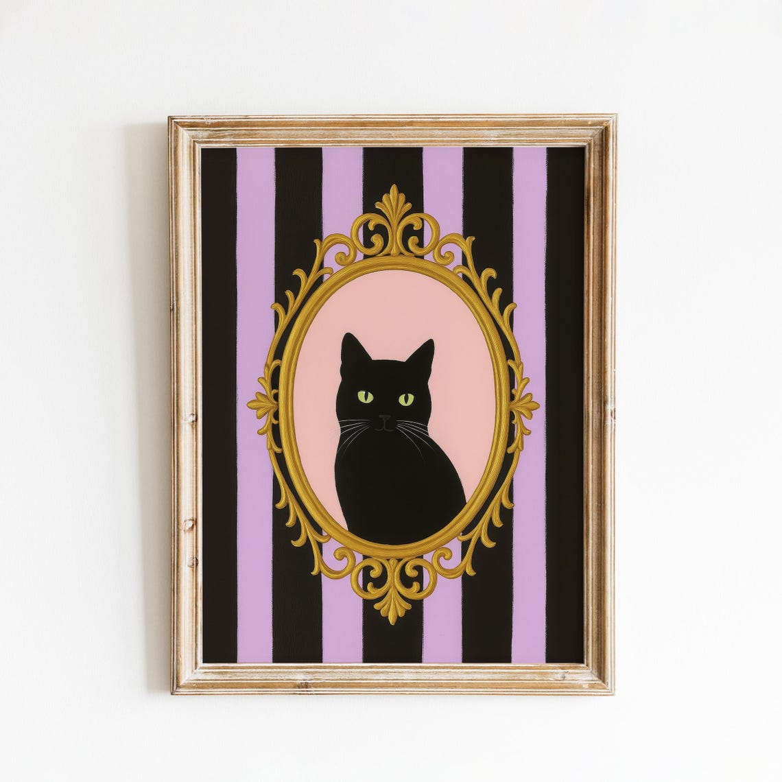 Black Cat in an Ornate Gold Frame Gothic Striped Portrait Poster