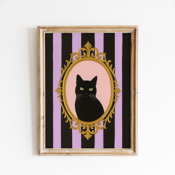 Black Cat in an Ornate Gold Frame Gothic Striped Portrait Poster