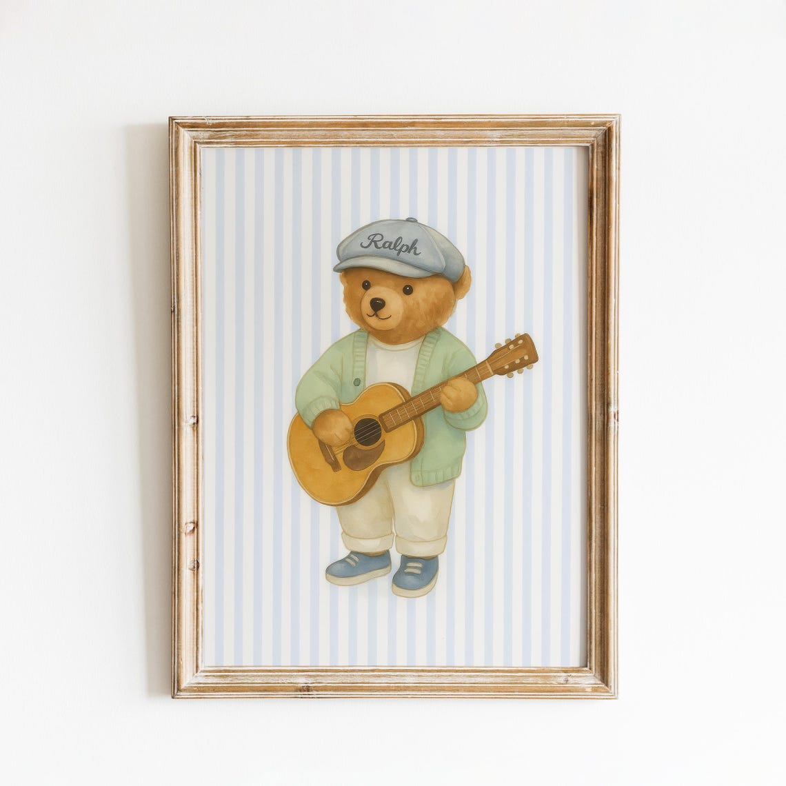 Guitar Playing Teddy Bear Ralph in Cardigan Blue Striped Poster