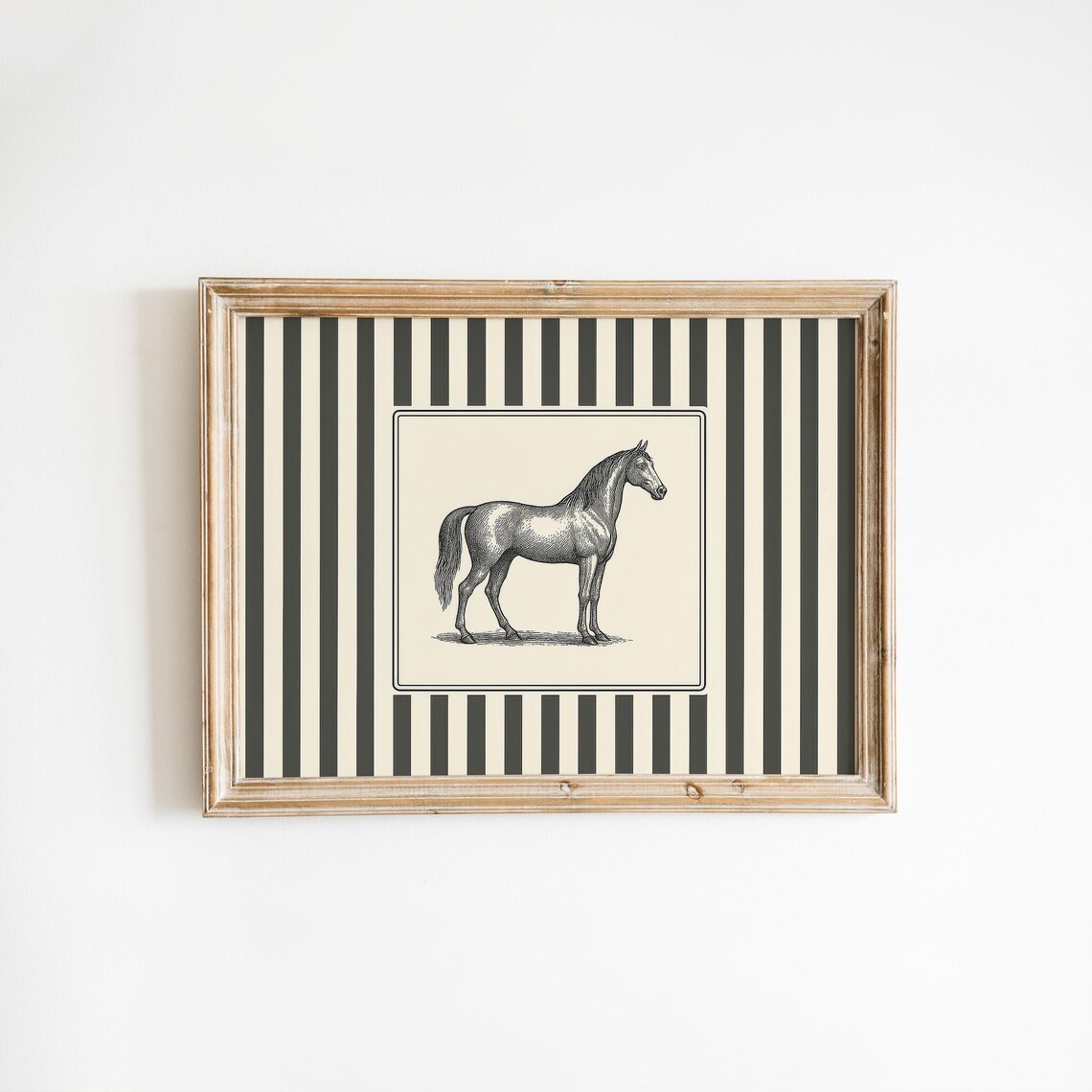 Vintage Horse Engraving Bold Striped Equestrian Farmhouse Wall Art