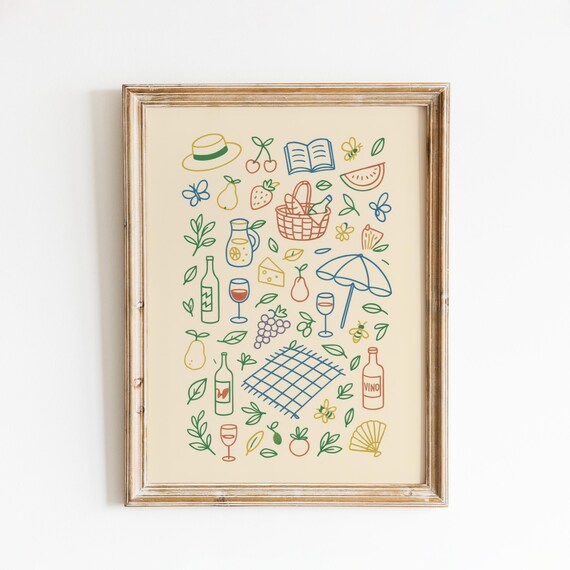 Summer Picnic Colorful Wine Fruit Illustration Kitchen Poster