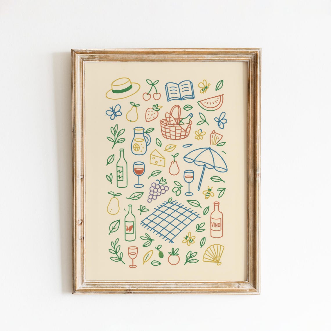 Summer Picnic Colorful Wine Fruit Illustration Kitchen Poster
