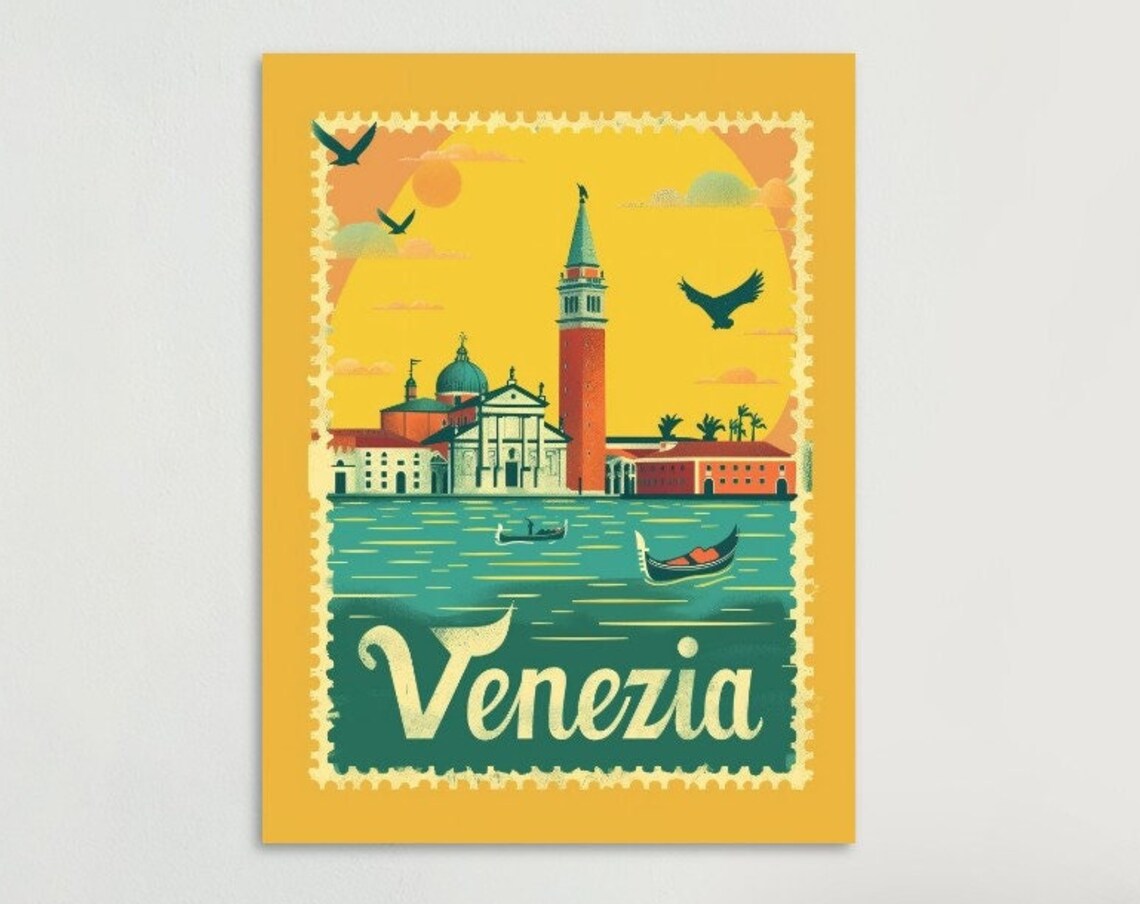 Venice St Marks Campanile Gondola Sunset Mustard Travel Poster