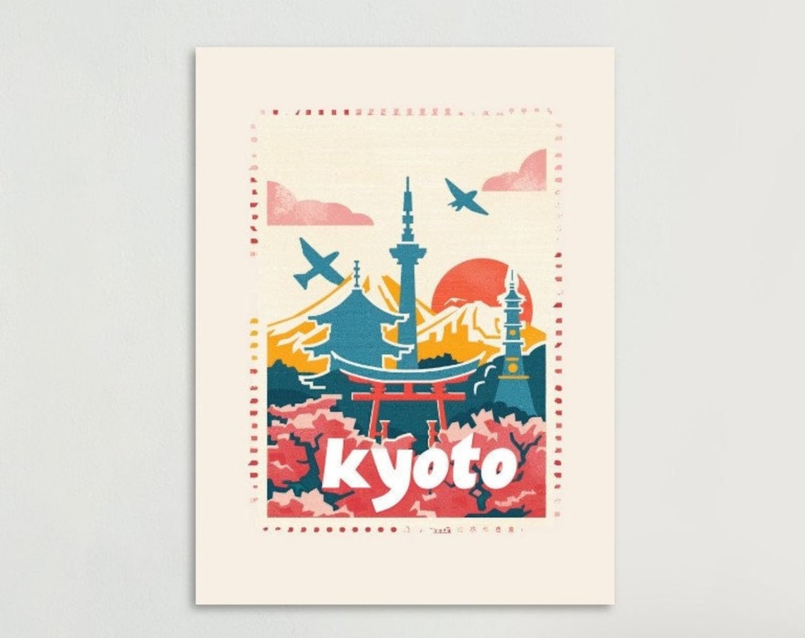 Kyoto Japan Torii Gate Pagoda Cherry Blossom Vintage Travel Poster