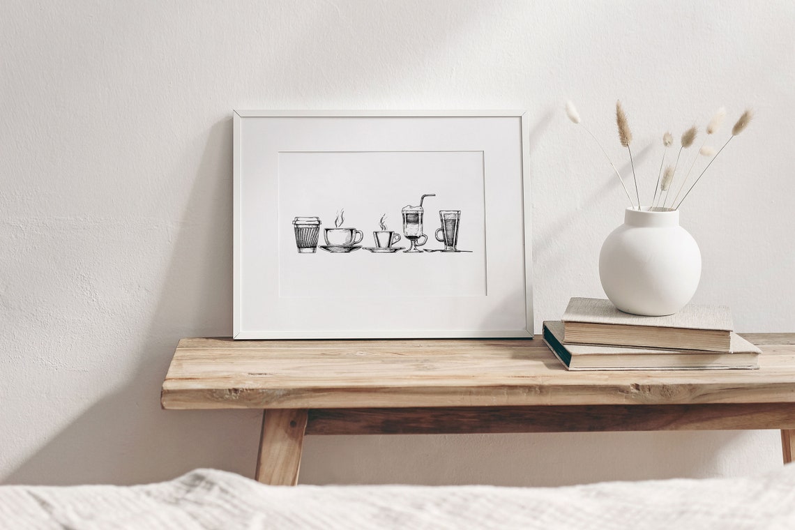 Coffee Cups Line Art Sketch Black And White Kitchen Art Poster - Image 2