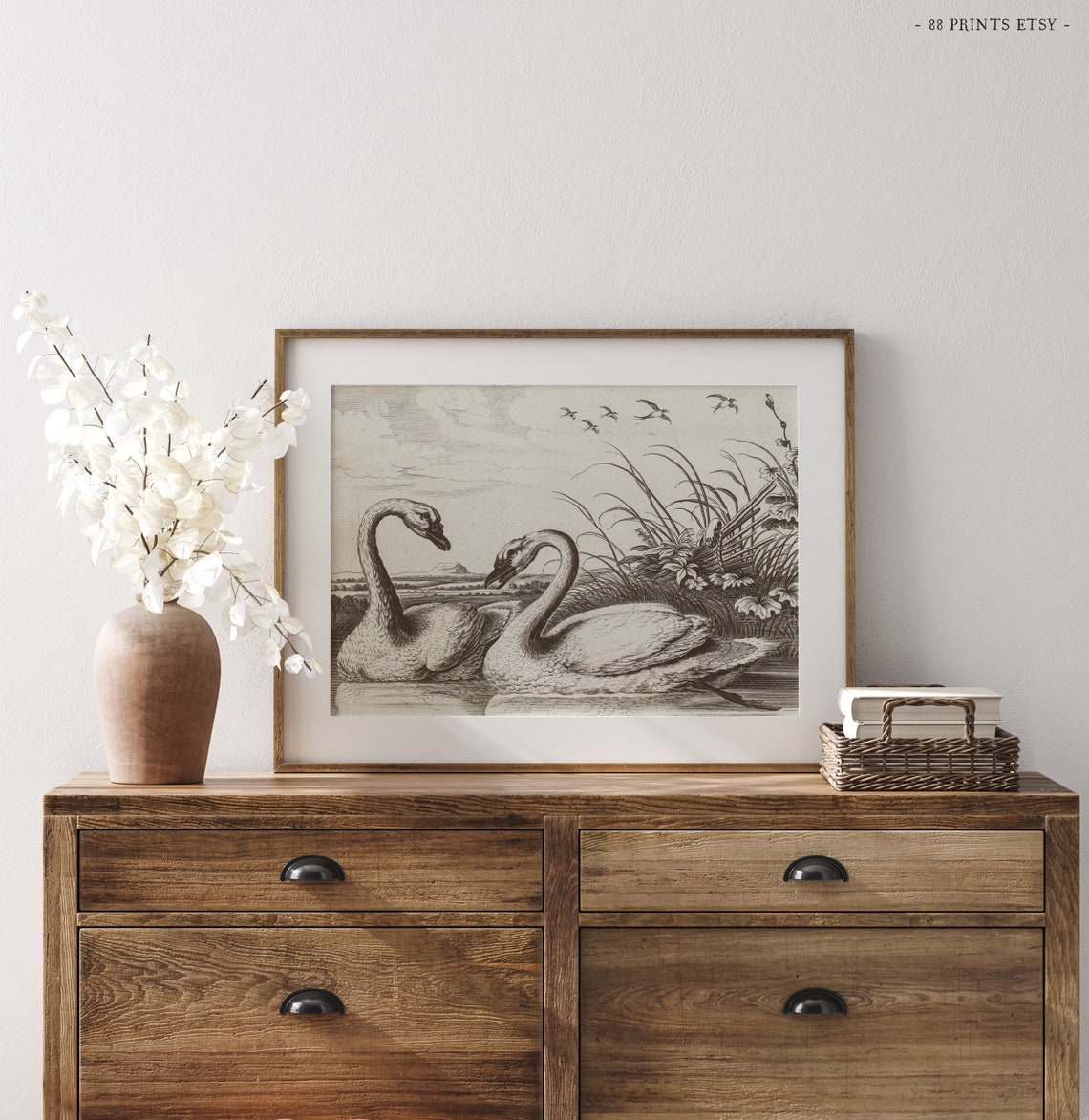 Two Swans Marsh Landscape Vintage Antique Engraving Style Wall Art - Image 2