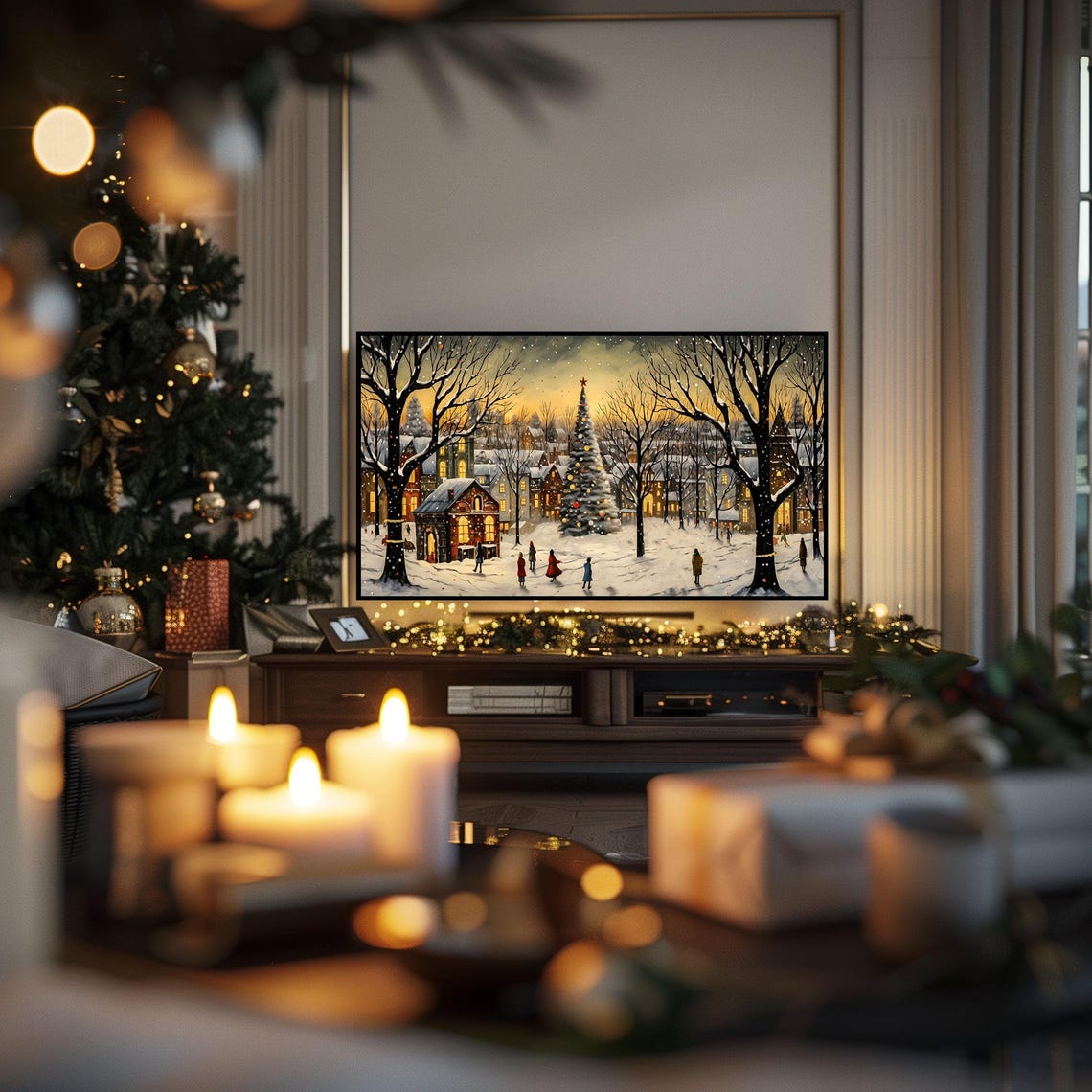 Snowy Christmas Village Square Tree Dusk Winter Town Scene Poster - Image 3